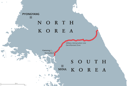 Korean Peninsula, Demilitarized Zone Area, political map. North and South Korea with red Military Demarcation Line, capitals and borders. English labeling. Gray illustration, white background. Vector.のイラスト素材