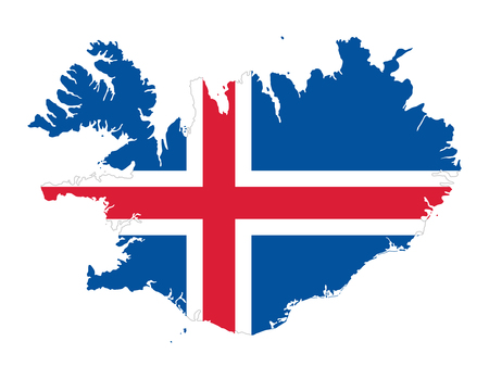 Flag of Iceland in the country silhouette. Blue field with white edged red Nordic cross. Outline of Iceland, a Nordic island country in the Northern Atlantic. Isolated illustration over white. Vector.のイラスト素材