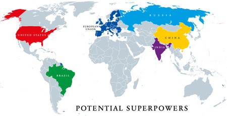 Current and potential Superpowers, political map. Current superpower United States and the potential superpowers Brazil, China, European Union, India and Russia. English labeling. Illustration. Vectorのイラスト素材