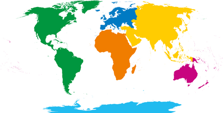Six continents, world map. Africa, America, Antarctica, Asia, Australia and Europe. Outline and colored shapes. Robinson projection. Isolated on white background. Vector.のイラスト素材