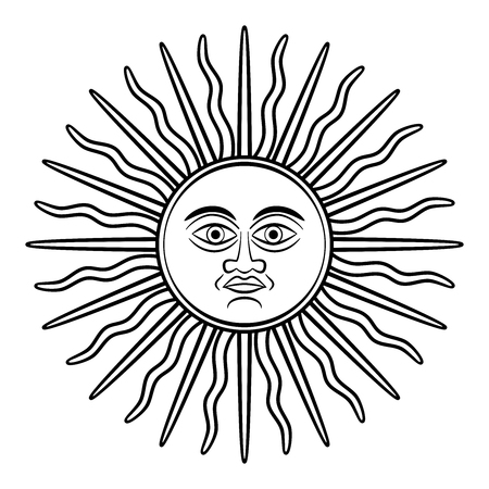 Sun of May, Sol de Mayo, symbol, appearing on early Argentine silver coins. National emblem of Argentina and Uruguay on their country flags. Sun with face and sunbeams. Illustration over white. Vectorのイラスト素材