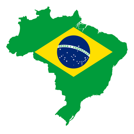 National flag of Brazil in country silhouette. Ensign, A Auriverde, blue disc with starry sky and national motto Ordem e Progresso, with yellow rhombus on green field. Illustration over white. Vectorのイラスト素材