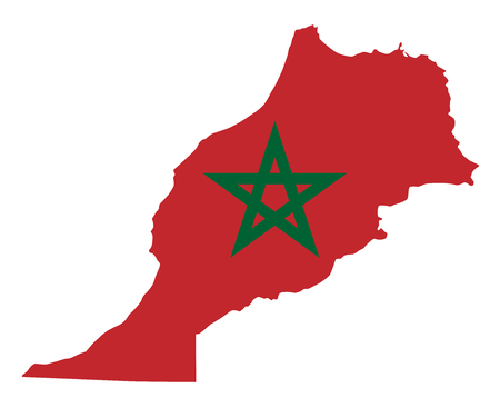 National flag of Morocco in the country silhouette. Moroccan state ensign. Red field and green pentagram. Sovereign state in Maghreb region of North Africa. Isolated illustration over white. Vector.のイラスト素材