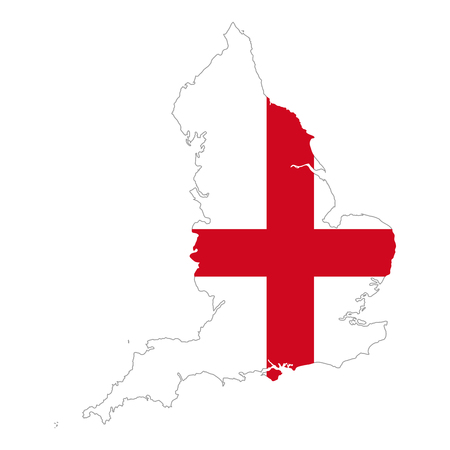 Flag of England in country silhouette. A red St George's Cross on a white field. Country and part of United Kingdom and island Great Britain, Europe. Isolated illustration on white background. Vector.のイラスト素材