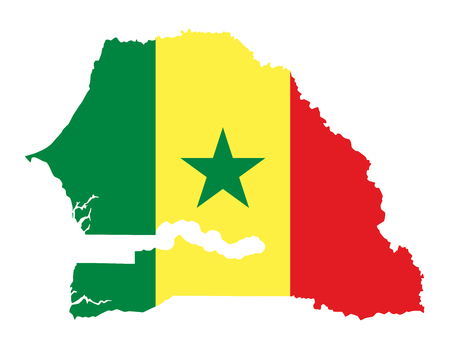 Flag of Senegal in country silhouette. Tricolour of three vertical green, yellow and red bands with a green star. Republic and country in West Africa. Isolated illustration on white background. Vectorのイラスト素材