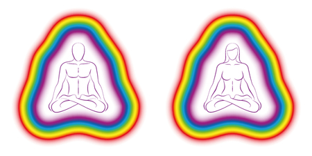 Meditating couple in yoga position with colorful subtle body or aura. Isolated vector illustration on white background.のイラスト素材