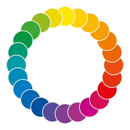 Color wheel made of circles. Rainbow colored circles showing mixed complementary colors that are used in art and for paintings. Color synthesis and theory. Isolated illustration over white. Vector.のイラスト素材