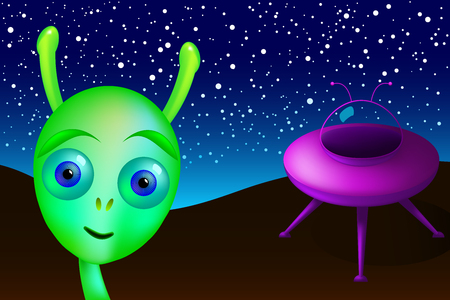 Little green alien with purple saucer visits Earth. Green man from Mars landed in the desert, undiscovered, under night sky and bright stars. UFO, unidentified flying object. Illustration. Vector.のイラスト素材