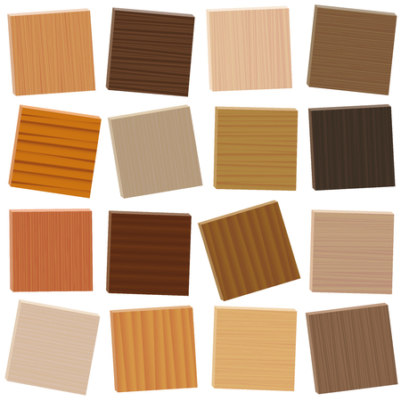 Wood samples. Loosely arranged parquetry types. Wooden plates with different colors, glazes, textures from various trees to choose - brown, dark, gray, light, red, yellow, orange decor models - 3d vector on white background.のイラスト素材