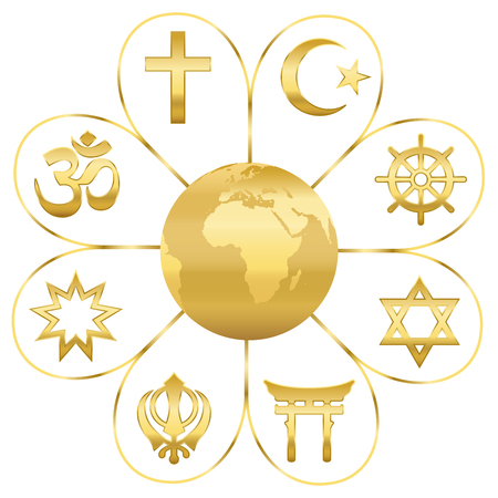 World religions united on a golden flower with planet earth in center. Signs of major religious groups and religions. Christianity, Islam, Hinduism, Buddhism, Taoism, Shinto, Sikhism and Judaism.のイラスト素材