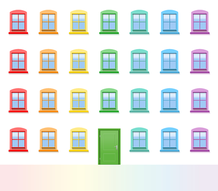 Colorful house front with green entrance door and many colored windows. Isolated vector illustration on white background.のイラスト素材