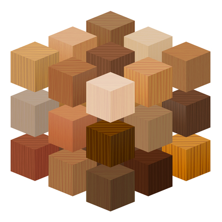 Wooden cubes forming a big artistic carpentry artwork - wood samples with different textures, colors, glazes, from various trees - vector on white background.のイラスト素材