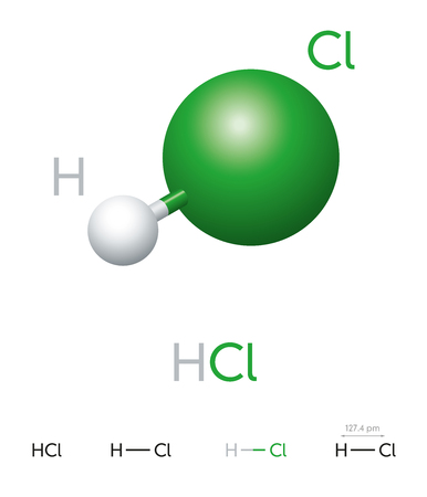 HCl. Hydrogen chloride. Molecule model, chemical formula, ball-and-stick model, geometric structure and structural formula. Hydrogen halide. Hydrochloric acid. Illustration on white background. Vectorのイラスト素材