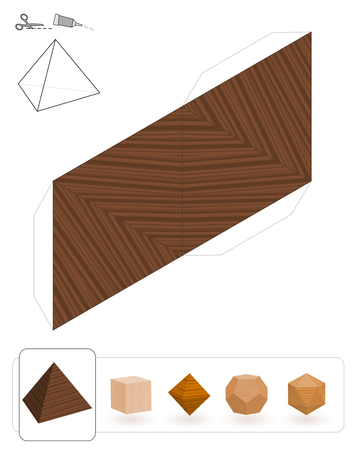Platonic solids. Template of a tetrahedron with wooden texture to make a 3d paper model out of the triangle net.のイラスト素材