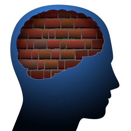 Mental block. Thinking barrier. Symbolized with a brick wall in the brain of a young person.のイラスト素材