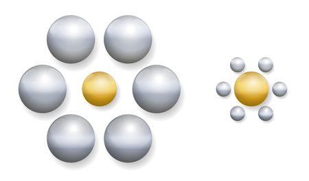 Ebbinghaus illusion with golden and silver balls. Optical illusion of relative size perception. The two golden balls in the middle are exactly the same size. The one on the right appears larger.のイラスト素材