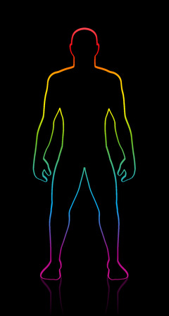Male body shape of muscular, athletic, young man. Rainbow gradient colored silhouette. Outline vector illustration on black background.のイラスト素材