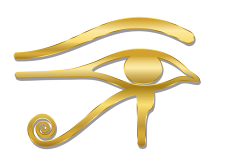 Golden Eye of Horus. Ancient Egyptian goddess Wedjat symbol of protection, royal power and good health. Similar to Eye of Ra. Isolated vector illustration on white background.のイラスト素材