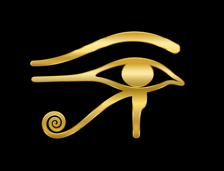 Golden Eye of Horus on black background. Ancient Egyptian goddess Wedjat symbol of protection, royal power and good health. Similar to Eye of Ra.のイラスト素材