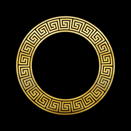 Meander circle, golden frame with seamless pattern design on black background. Golden Meandros, a decorative border, constructed from continuous lines, shaped into a repeated motif.のイラスト素材