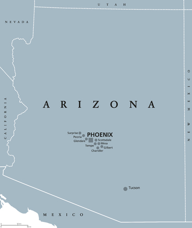 Arizona political map with capital Phoenix. State in southwestern region of United States, Part of Western and Mountain States. The Grand Canyon State. Gray illustration on white background. Vector.のイラスト素材