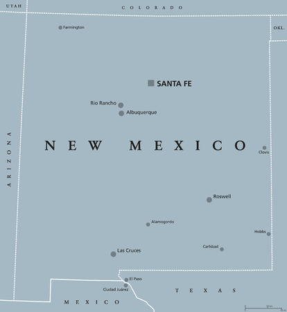 New Mexico, political map, with capital Santa Fe, the largest cities and borders. State in the Southwestern region of United States of America. Land of Enchantment. Gray illustration. Vector.のイラスト素材