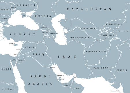 Southwest Asia, political map with borders. Also called Western, West or Southwestern Asia. Subregion, overlapping with Middle East, including Caucasus. Gray illustration on white background. Vector.のイラスト素材