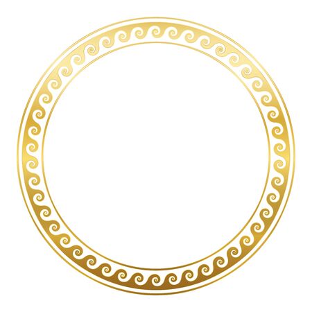 Circle frame with golden spirals or horns, seamless greek pattern. Decorative border, constructed from continuous lines, shaped into a repeated motif. White background.のイラスト素材