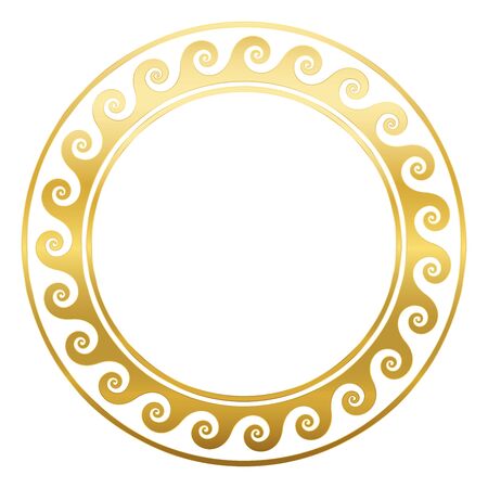 Round golden frame with spirals or waves, seamless greek pattern. Decorative antique border, repeated geometric motif. Isolated vector on white background.のイラスト素材