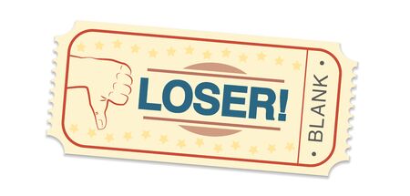Lottery ticket saying LOSER and BLANK. Single raffle ticket with thumbs down symbol. Isolated vector illustration on white background.のイラスト素材