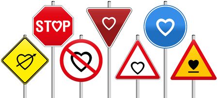 Seven traffic signs with hearts concerning love, like warning- stop- yield- or prohibition-signs.のイラスト素材
