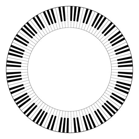 Musical keyboard circle frame, made of connected octave patterns. Decorative border, constructed from octaves, black and white keys of piano keyboard, shaped into repeated motif. Illustration. Vector.のイラスト素材