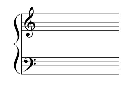 Grand staff, also great stave. Two staves are joined by brace to be played by one performer on a keyboard instrument or harp. Typically with treble clef and bass clef. Illustration over white. Vector.のイラスト素材
