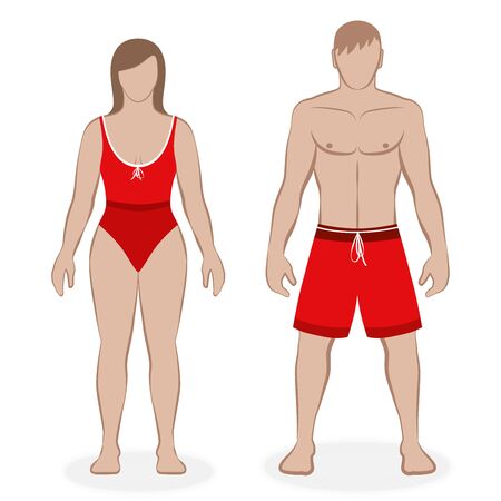 Swimwear couple with red swimsuit and boardshorts, matching outfit, partnerlook. Isolated vector illustration on white background.のイラスト素材