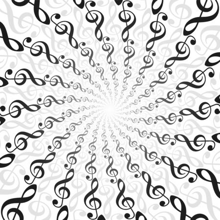 Treble clefs music spirale pattern. Radial energetic tunnel with light center. Twisted circular fractal background illustration.のイラスト素材