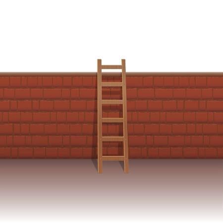 Brick wall with ladder to overcome obstacles and hurdles, to manage problems, to escape the everyday life, to break out from restrictions. Isolated vector illustration on white background.のイラスト素材