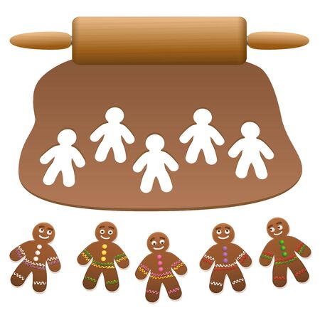 Gingerbread man group. Lebkuchen dough with wooden rolling pin and cut out gingerbread cookies. Isolated vector illustration on white background.のイラスト素材
