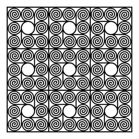 Background of nine square shaped tiles, made of eight arithmetic spirals around a circle. Pattern of Archimedean spirals of same intervals connected with a circle in the centre. Illustration. Vector.のイラスト素材