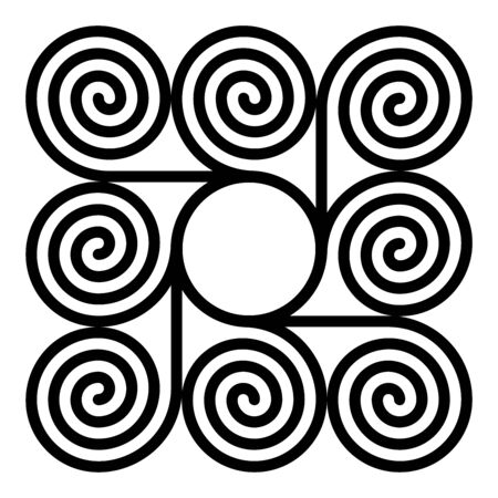 Eight arithmetic spirals around a circle forming a square shaped pattern. Archimedean spirals of same intervals connected with a circle in the centre. Isolated illustration on white background. Vectorのイラスト素材