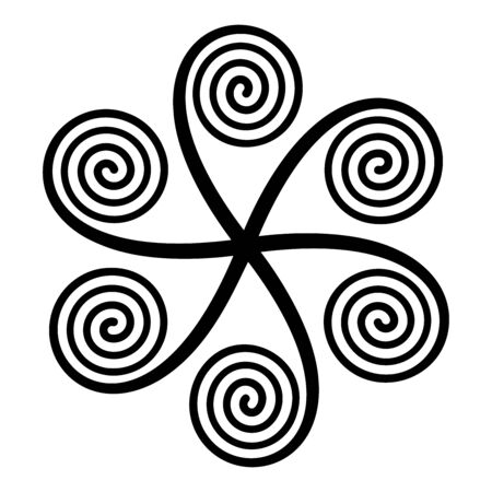 Star shaped symbol with six linear arithmetic spirals, made of Archimedean spirals, connected in a centre, appearing to rotate clockwise. Black-and-white illustration on white background. Vector.のイラスト素材