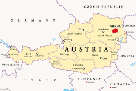 Austria, political map, with the capital Vienna, nine federated states and their capitals. With borders and the neighbor countries. English labeling. Illustration. Vector.のイラスト素材