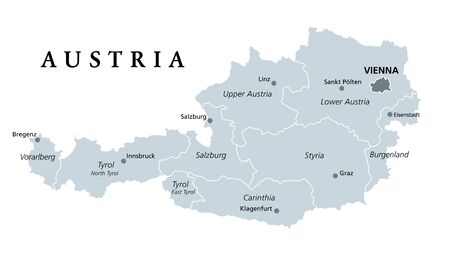 Austria, gray colored political map, with the capital Vienna, nine federated states, the capitals and borders. English labeling. Isolated illustration on white background. Vector.のイラスト素材