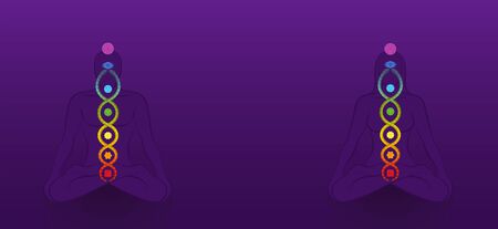 Kundalini - coiled snake. Meditating yoga couple with chakras on violet background, symbol for spiritual awakening, healing power and balance, celestial harmony and relaxation.のイラスト素材