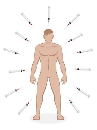 Man surrounded by syringes, symbolic for vaccine insanity, overmedication, mass vaccination, compulsory vaccination and immunization campaigns of pharma industry. Vector on white.のイラスト素材