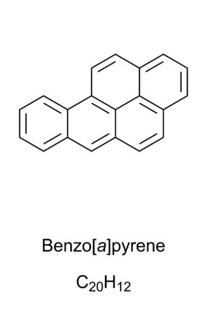 Benzopyrene skeletal formula and molecular structure. Polycyclic aromatic hydrocarbon, PAH. Carcinogenic. Can be found in coal tar, tobacco smoke and in grilled meat. Structure. Illustration. Vector.のイラスト素材