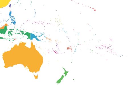 Oceania, colored single states, political map. Geographic region, southeast of the Asia-Pacific region including Australasia, Melanesia, Micronesia and Polynesia. Illustration over white. Vector.のイラスト素材