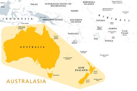 Australasia, Australia and New Zealand, a subregion of Oceania, political map. In UN geoscheme the continent Australia with New Zealand. A region in the Pacific Ocean. English. Illustration. Vector.のイラスト素材