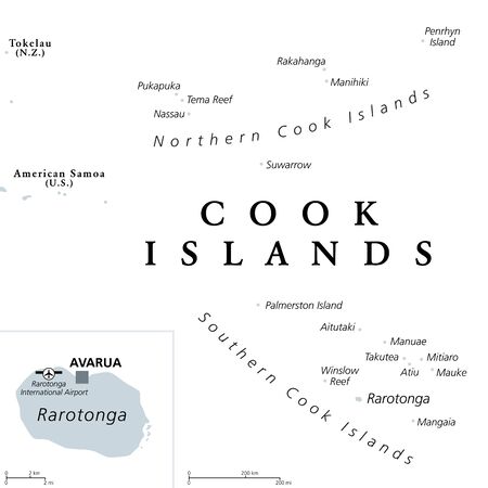 Cook Islands, gray political map with capital Avarua. Self-governing island country in South Pacific Ocean in free association with New Zealand, comprising 15 islands. English. Illustration. Vector.のイラスト素材