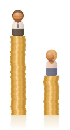 Income disparity, comparison of rich men and poor women standing on high and low money tower. Symbol for different earnings, unfair payments, inequality, gender discrimination.のイラスト素材