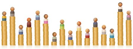 Income differentials of rich and poor people on low and high coin towers. Symbol for different earnings, inequality, diverse wealth, career, prosperity and business opportunities. Vector on white.のイラスト素材